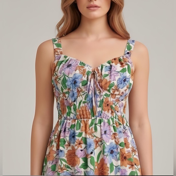 Boho Floral Print Tie Front Ruffle Hem Cami Dress - Picture 2 of 11